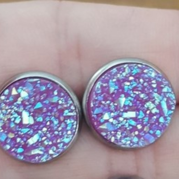 Lavender Druzy Stud Earrings - Picture 2 of 5